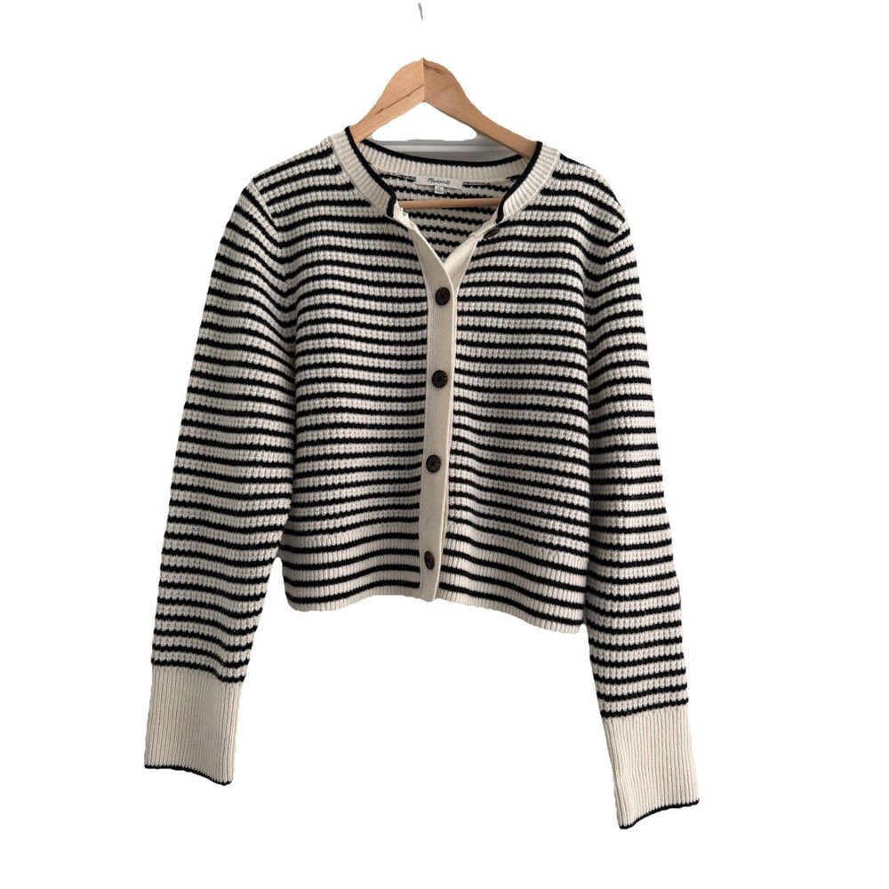 Madewell Waffle-Knit 100% Merino Wool Long Sleev Cardigan in Stripe Black Crm XL - Picture 3 of 9
